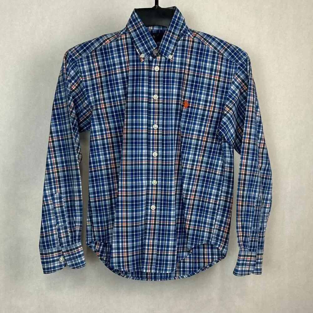 Ralph Lauren Boys Button Down Shirt Sz Small 8-10 Blue Plaid Long Sleeve